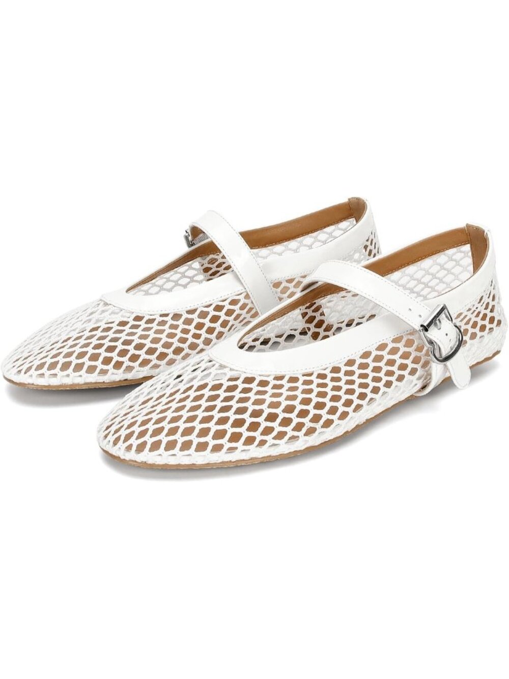 Women's White Rubber Sole Casual Buckle Strap Comfy Fishnet Ballerina Flat Shoes